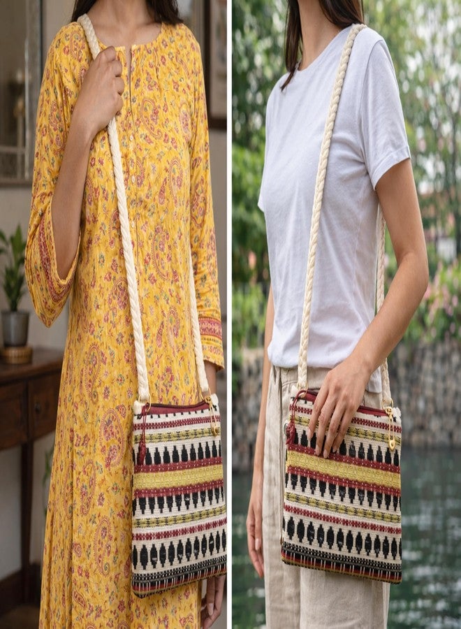 Fabjute حقيبة كتف من قماش فابجوت المصنوع يدويًا للفتيات والسيدات | حزام طويل مضفر (48-50 بوصة) | حقيبة كروس خفيفة الوزن بسحاب وزينة متدلية | مناسبة للارتداء اليومي والمناسبات العرقية (أبيض كريمي/عنابي) - Image 3